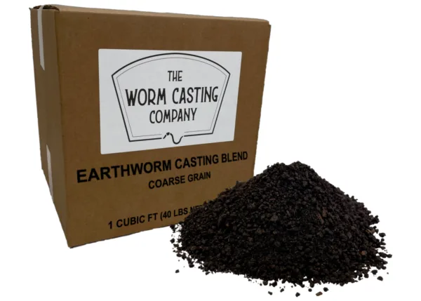 Box of microbe-rich worm castings, or vermicast, blended with screened vermicompost for soil health and restoration. From the Worm Casting Co
