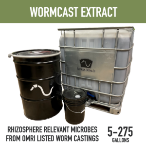 Worm casting liquid biological extract with rhizosphere relevant diverse microbes from The Worm Casting Company.