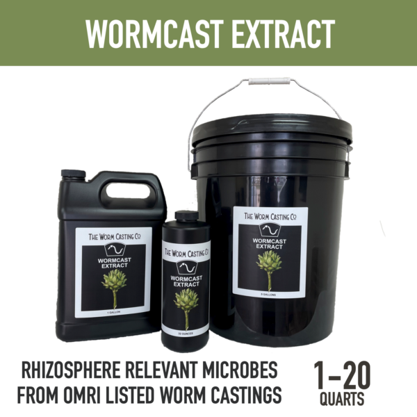 Worm casting liquid biological extract with rhizosphere relevant diverse microbes from The Worm Casting Company.